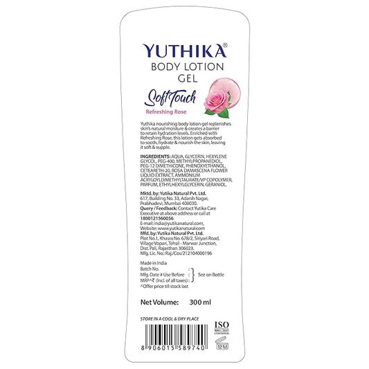 Yuthika Body Lotion Gel Refreshing Rose 300ml Pack of 1, Soft Touch Gel Body Lotion for Summer, Winter, Light Moisture for Face and All Skin Types, Rose Body Lotion