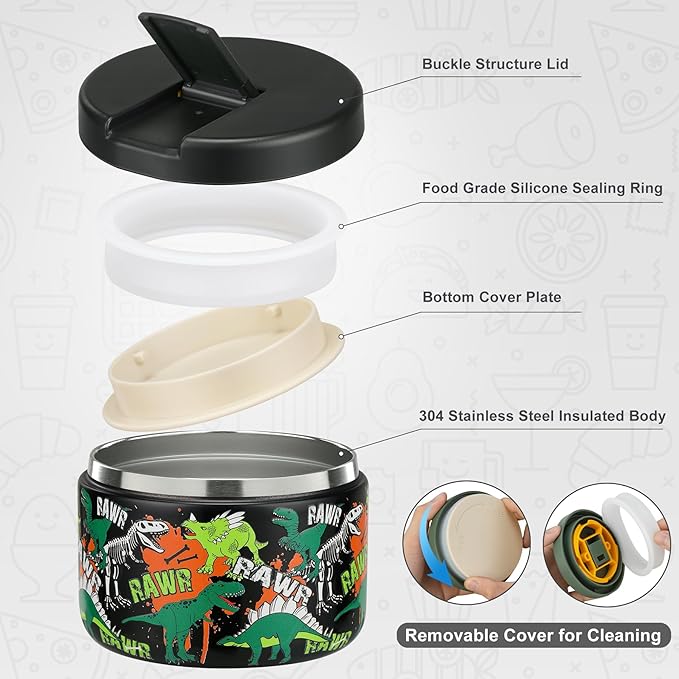 12oz Kids Soup Thermo for Hot Food Insulated Vacuum Food Jar with Buckle Lid, Stainless Steel Wide Mouth Leak Proof Lunch Container for School Travel 1 Pack