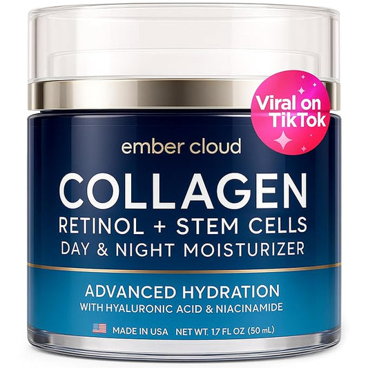 Collagen Face Cream with Stem Cells Retinol Hyaluronic Acid Niacinamide - Anti-Aging Collagen Face Moisturizer with Airless Pump - Day & Night Moisturizer for Wrinkles - Made in USA