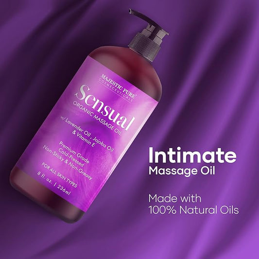 MAJESTIC PURE Organic Sensual Massage Oil for Couples - Relaxing Full Body Oil for Date Night with Vitamin E - Vegan Lavender Massage Oil for Massage Therapy Smooth Gliding Formula 8 Fl Oz