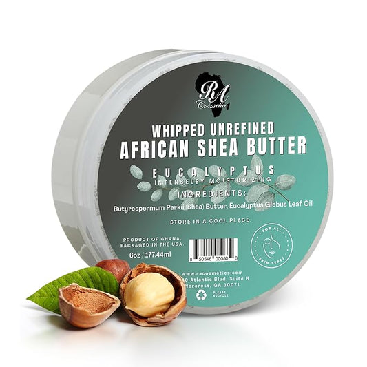 RA COSMETICS Whipped Shea Butter Eucalyptus – 6oz | 100% Pure and Natural African Shea Butter for Men & Women - Ultimate Handcrafted Moisturizer with Essential Vitamins for Radiant Skin & Hair