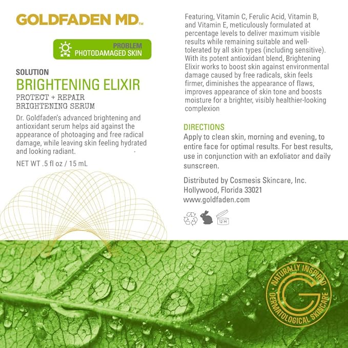 GOLDFADEN MD Brightening Elixir | Serum w/Vitamin C, Ferulic Acid, Vitamin B & Vitamin E | Helps Aid Against The Appearance Of Photoaging | Leaves Skin Feeling Hydrated & Looking Radiant .5 fl oz