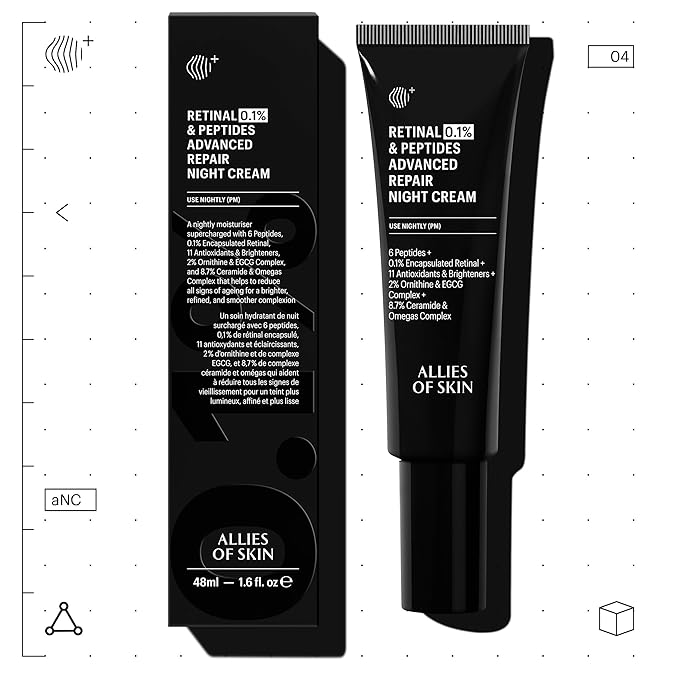Allies of Skin Retinal 0.1% Peptides Repair Night Cream with 0.1% Encapsulated Retinal, 6 Peptides, 2% Ornithine & EGCG Complex, 8.7% Ceramides & Omegas Complex