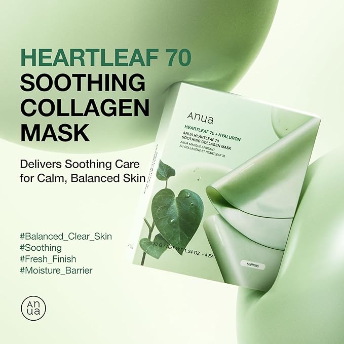 ANUA Heartleaf 70 Soothing Collagen Mask, Overnight Face Mask for Glass Skin, hyaluronic acid, Collagen, Soothing & hydration Facial Mask for Sensitive Skin, Natural Color, Korean Skin Care (38g, 4ea)