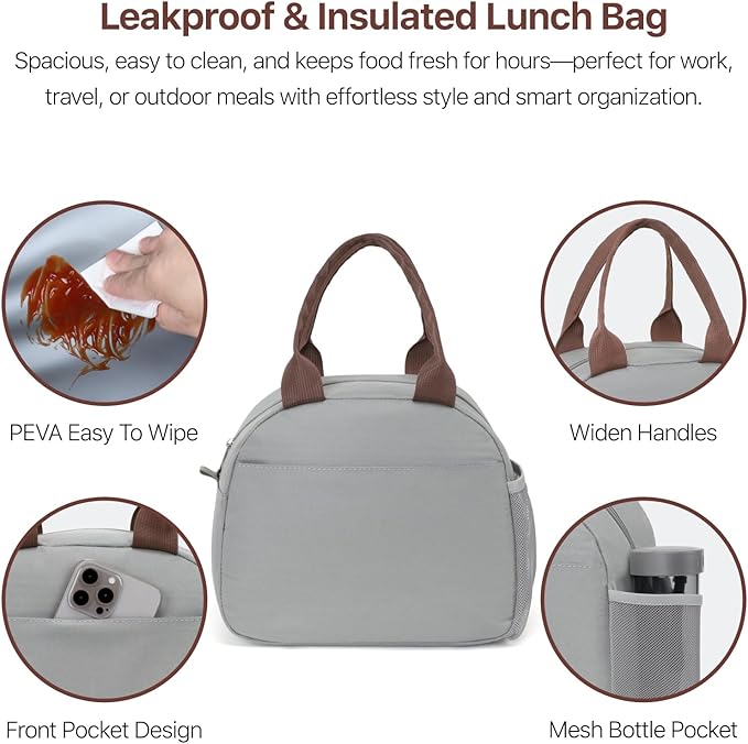 Bagseri Lunch Box for Women - Adult Lunchboxes for Men Reusable Leakproof Thermal Cooler Sack Food Handbags Case High Capacity for Work and Picnic (Gray)