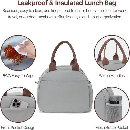Bagseri Lunch Box for Women - Adult Lunchboxes for Men Reusable Leakproof Thermal Cooler Sack Food Handbags Case High Capacity for Work and Picnic (Gray)