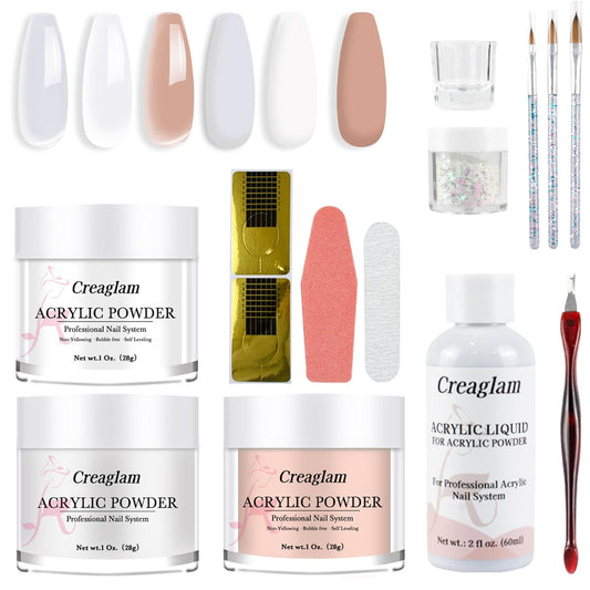 Acrylic Nail Kit for Beginners: 3 Colors 28g Nude Clear White Acrylic Nail Powder Professional Gel Glue - 1Oz Large Capacity Acrylic False Set witn 60ml Liquid and Brush Nail Forms Tools