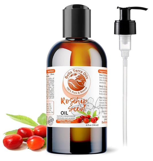 Bella Terra Oils Organic Rosehip Oil for Face, Pure Cold-Pressed Rose Hip Seed Oil for Skin & Hair, Natural Moisturizer & Anti-Aging Facial Oil 8oz