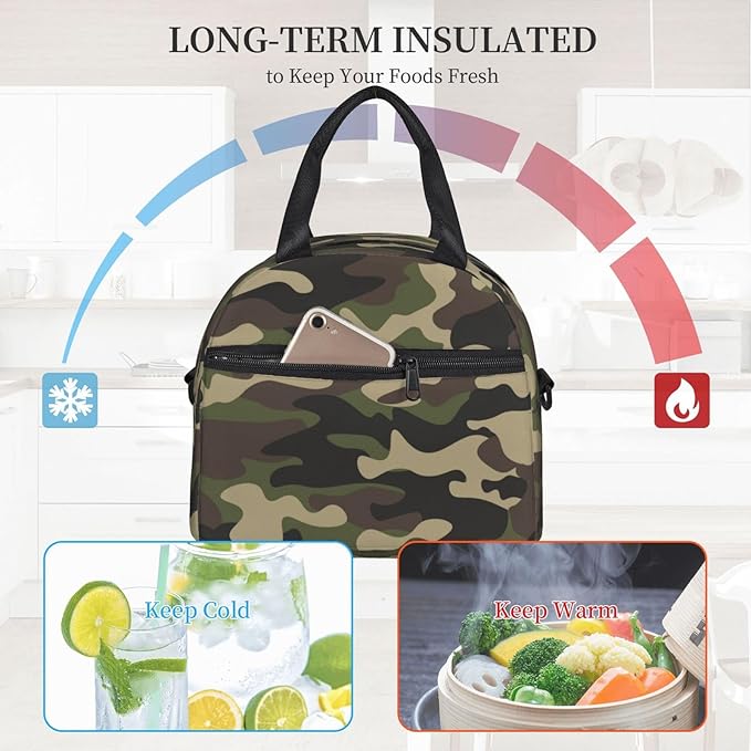 bassyil Camo Insulated Lunch Bag Reusable Lunch Box With Adjustable Shoulder Strap Cooler Tote Bag For Men Women