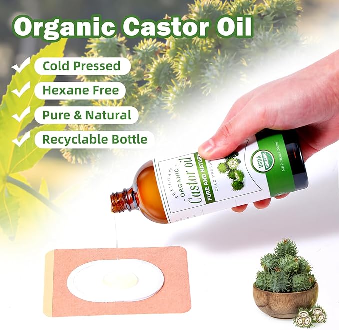 30Pcs Adhesive Castor Oil Patch with 7oz Organic Castor Oil Cold Pressed, Cotton Caster Oil Pack Wrap for Waist Back Neck Arm Belly