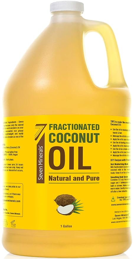 Seven Minerals Pure Fractionated Coconut Oil - 1 Gallon - Non-GMO, 100% Natural, Lightweight Massage Oil for Therapy on Skin, Hair, More - Perfect Bulk Carrier Oil for Essential Oils (128 fl oz)