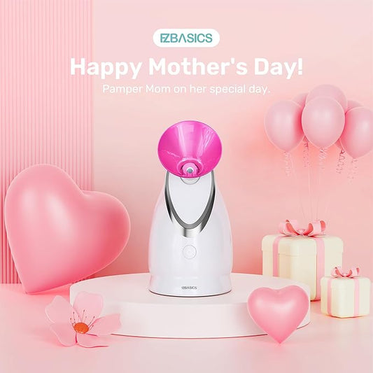 EZBASICS Facial Steamer Ionic Face Steamer for Home Facial, Warm Mist Humidifier Atomizer for Face Sauna Spa Sinuses Moisturizing, Unclogs Pores, 1 Pack + 5 Stainless Steel Skin Kit Pink