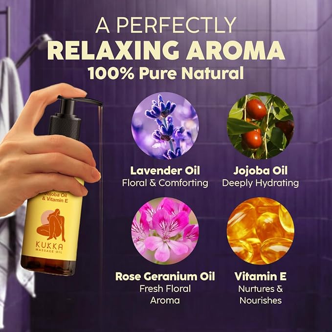 Kukka Relax Massage Oil for Massage Therapy - 6.76 Fl Oz - 100% Pure Natural Full Body Oil Relaxing, Warming for Women & Men, with Lavender, Jojoba, Rose Geranium & Vitamin E