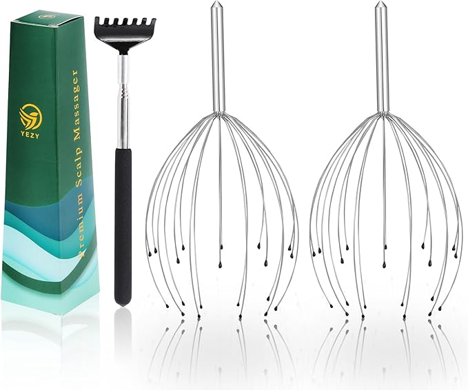 YEZY Head Massager 20 Fingers Head Scratcher Scalp Massager, Back Scratcher, Stocking Stuffers for Scalp Massage Back Massage 2 Pack (Silvery)