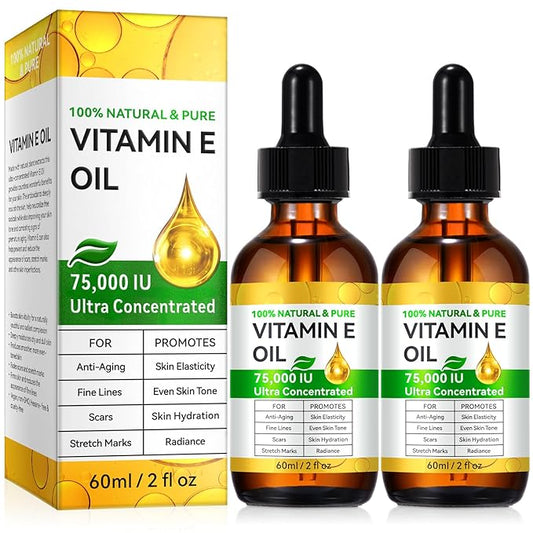 Vitamin E Oil for Skin Face Scars and Hair, Natural Vitamin E Oil Blend 75,000 IU, Body Bath Moisturizing Dry Skin and Winkles -2Fl Oz(2PCS)