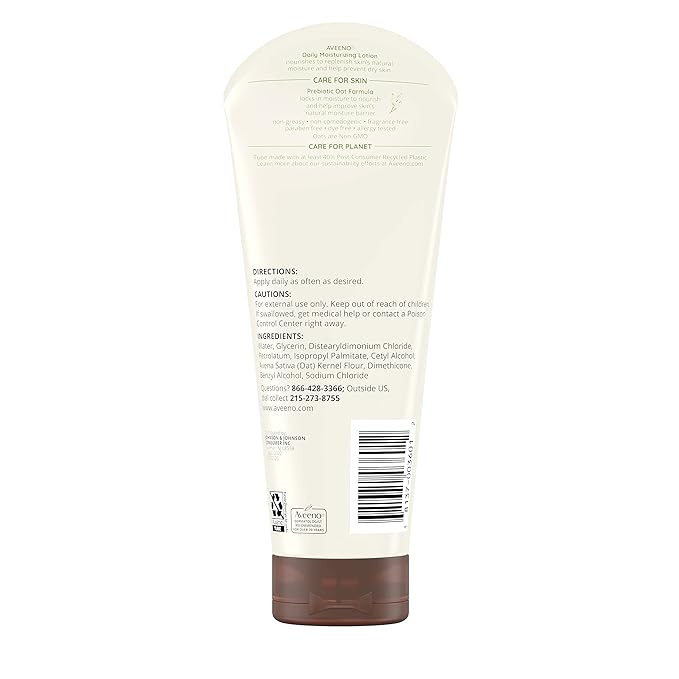 Aveeno Daily Moisturizing Body Lotion with Soothing Prebiotic Oat, Gentle Lotion Nourishes Dry Skin With Moisture, Paraben-, Dye- & Fragrance-Free, Non-Greasy & Non-Comedogenic, 8 fl. oz