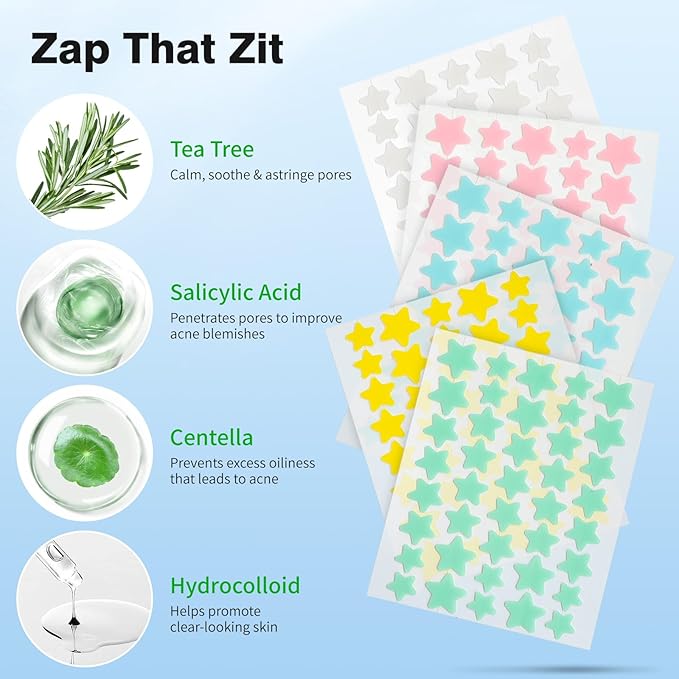 Pimple Patches for Face, Hydrocolloid Acne Patches, Cute Star Zit Covers, Colorful Spot Stickers with Tea Tree, Salicylic Acid & Cica Oil| 3 Sizes (10mm, 12mm & 14mm) |400 Count