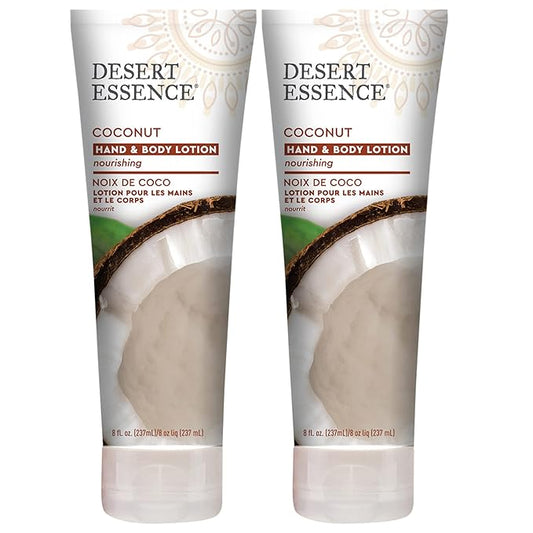 Desert Essence Coconut Hand & Body Lotion Nourishing Organic Coconut Oil, Hibiscus Flower Extract & Jojoba Oil - Softens & Moisturizes Skin - Vegan, Cruelty-Free, Sulfate-Free - 8oz (Pack of 2)