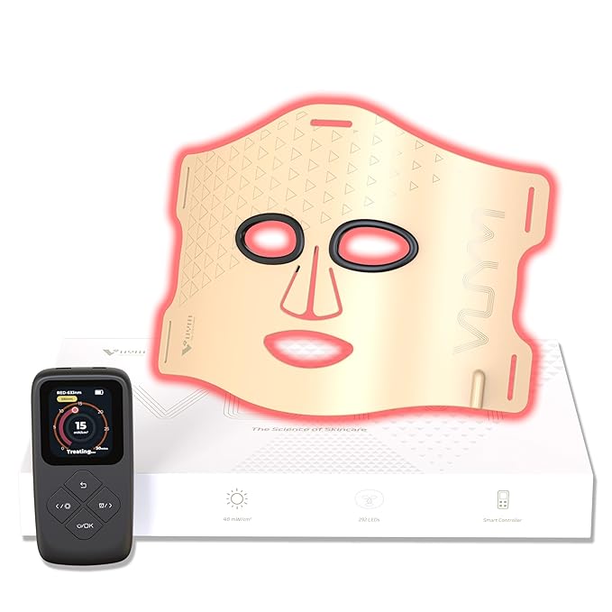 VYM LED Face Mask Light Therapy: Portable Remote High-Energy Anti-Aging Skincare Device, 292 LEDs Professional Infrared Red Light Therapy for Face, Red Light Mask Gift Pack - Gold