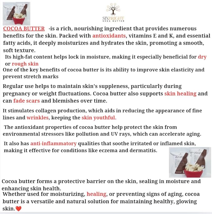 Sixbright UNREFINED, 100% PURE, FOOD GRADE, NATURAL COCOA BUTTER- Repairs Body Scars, Stretch Marks, Dry & Cracked Skin- Great for DIY's Beauty products-16 Ounce -(Pack of 1)- Chocolate Aroma