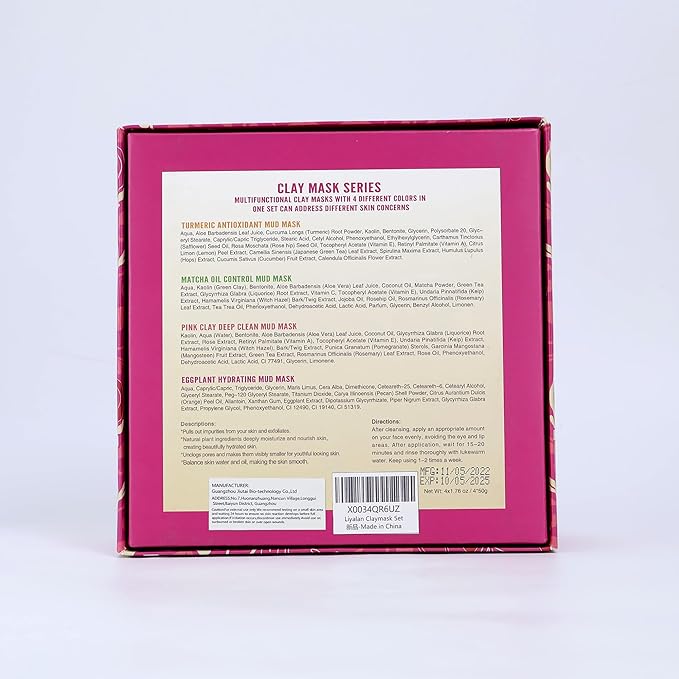 LIYALAN Face Clay Mask Set,Matcha Facial Mud,Eggplant Rose Face Skin Care, Turmeric Acne Facial Masks Gifts for Women, Deep Cleansing Pink 1.76 oz 4 pack