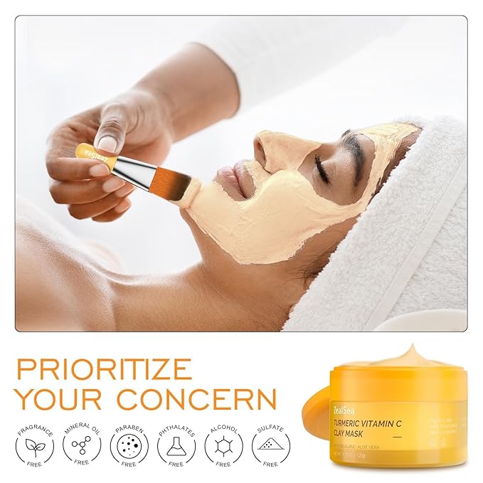 ZealSea Vitamin C American Kaolin Clay Mask with Turmeric, Pro Ultra-Fine Creamy Texture, Deep Pore Cleansing Even Skin Tone Brighten Control Oil Detoxify, 30% Aloe, Jojoba Oil, Shea Butter & Squalane