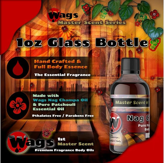 WagsMarket - Nag Champa Perfume Oil & Patchouli Essential Oil, Nag Chouli Essential Perfume Oil, Choose from Roll On to 0.33oz - 4oz Glass Bottle (1oz Glass Bottle)