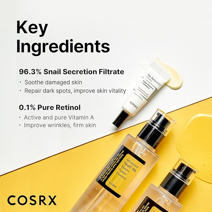 COSRX Glass Skin Starter Set, Amazon Exclusive, Advanced Snail 96% Mucin Power Essence & Retinol 0.1% Cream Mini Sample, Mothers Day Gifts for Mom, Korean Skin Care Kit, Gift Set