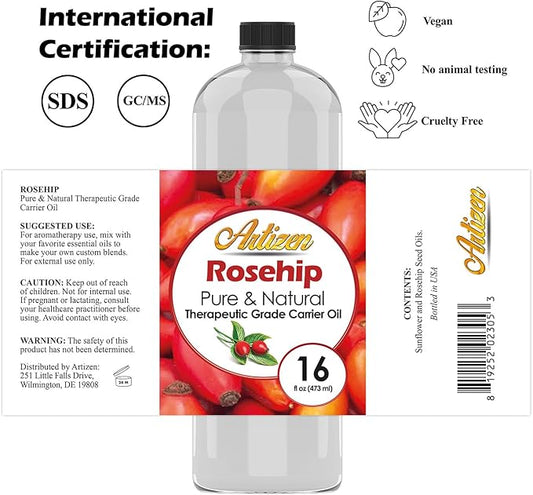 Artizen Pure & Natural 16oz Rosehip Oil for Face, Skin, Body, Hair, Nails & Aromatherapy – Cold Pressed from Fresh Roses & Rose Seeds