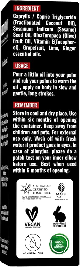 Organic - Grapefruit Full Edible Body Massage Oil - Refreshing, Calming | No Stain & Non-Sticky | with Fractionated Coconut Oil, Grapefruit & Lime Oil - 8.45 Fl Oz