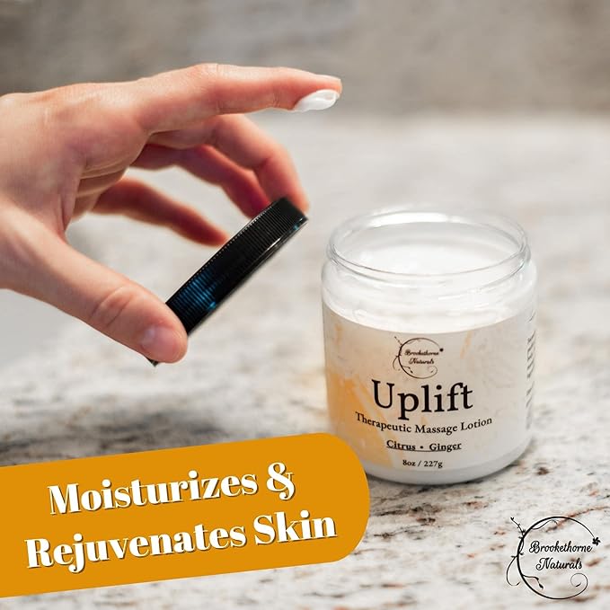 Uplift Massage Lotion for Massage Therapy & Home Use. Moisturizing Cream for Effortless Glide. Shea Butter, Coconut Oil, Aloe Vera & Ginger Citrus Essential Oils - Brookethorne Naturals