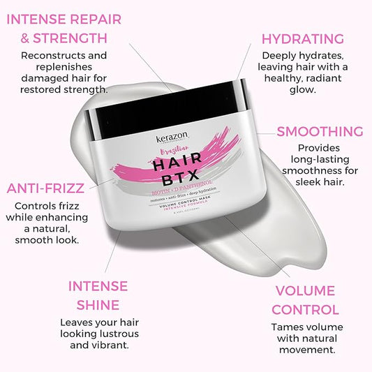 KERAZON Intensive Brazilian Hair BTX Smoothing Treatment 8oz 236ml For All Hair Types, Thermal Activated Hair Mask Damaged Hair and Long Lasting Volume And Frizz Control