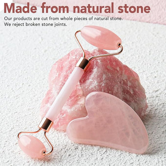 huefull Face Massager Rose Quartz Face Roller & Gua Sha Facial Tool Set, Muscle Tension Relief, Skin Care Gifts for Woman/Men, Self Care Gifts