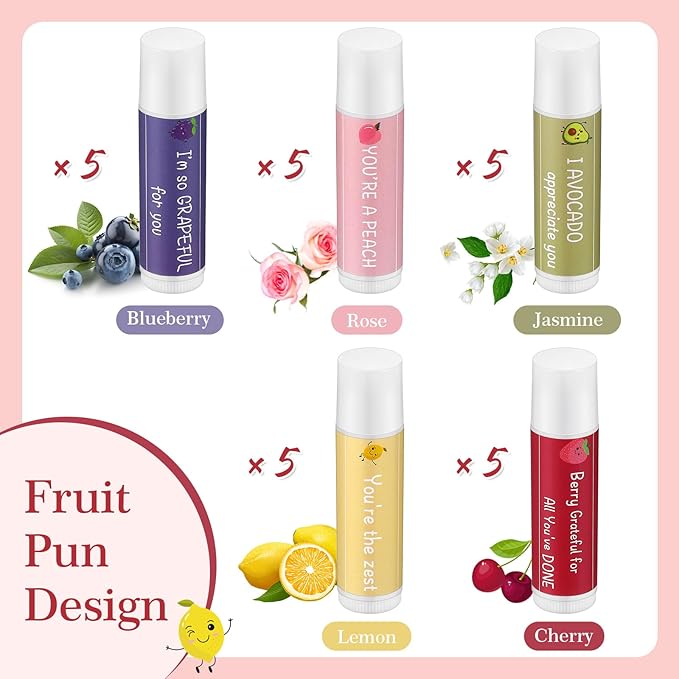 30 Sets Moisturizing Lip Balms Bulk Employee Appreciation Gifts with Fruit Pun Keychains and Organza Bags for Coworker Teacher Appreciation Mothers Day Gifts