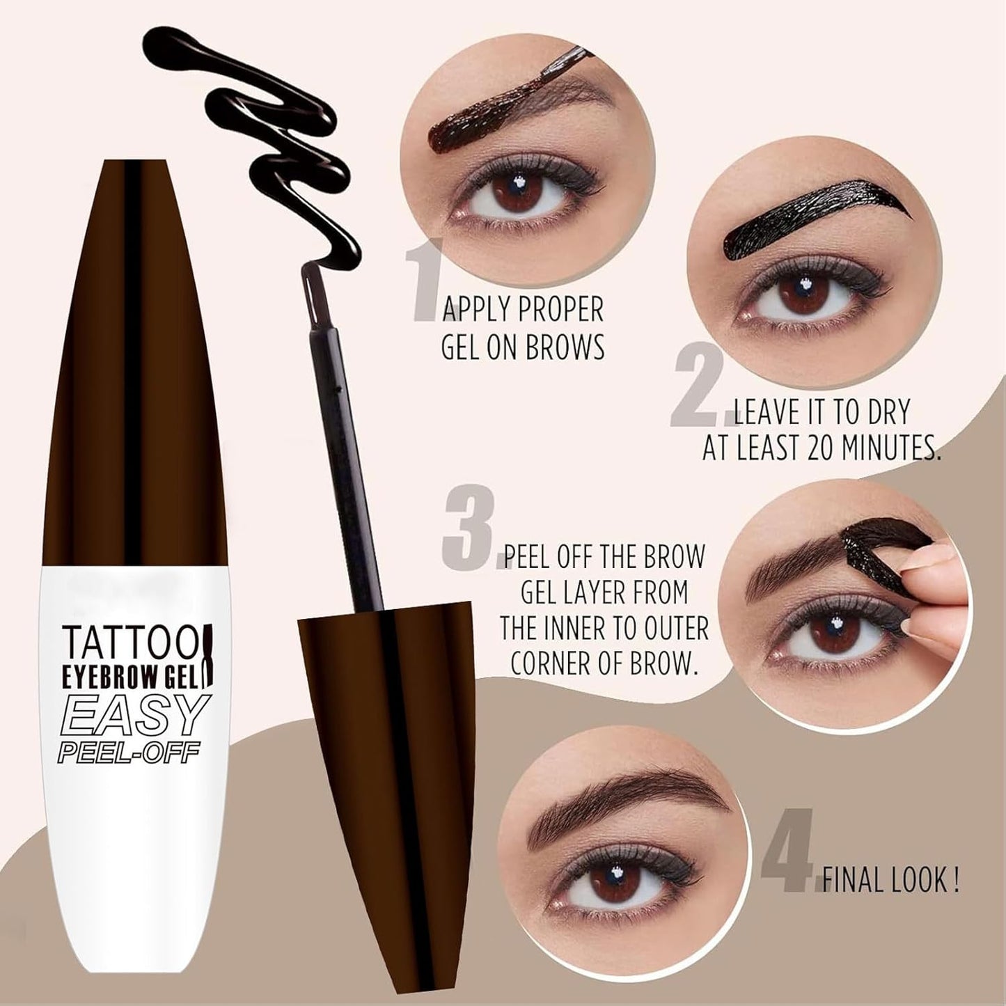 Tattoo Peel Off Eyebrow Gel Tint, Long Lasting Brow Tint, Transfer Proof and Waterproof Tint Peel Off Brow Gel, Last Up to 3 Days, For Fuller & Defined Brows Makeup, Light Brown