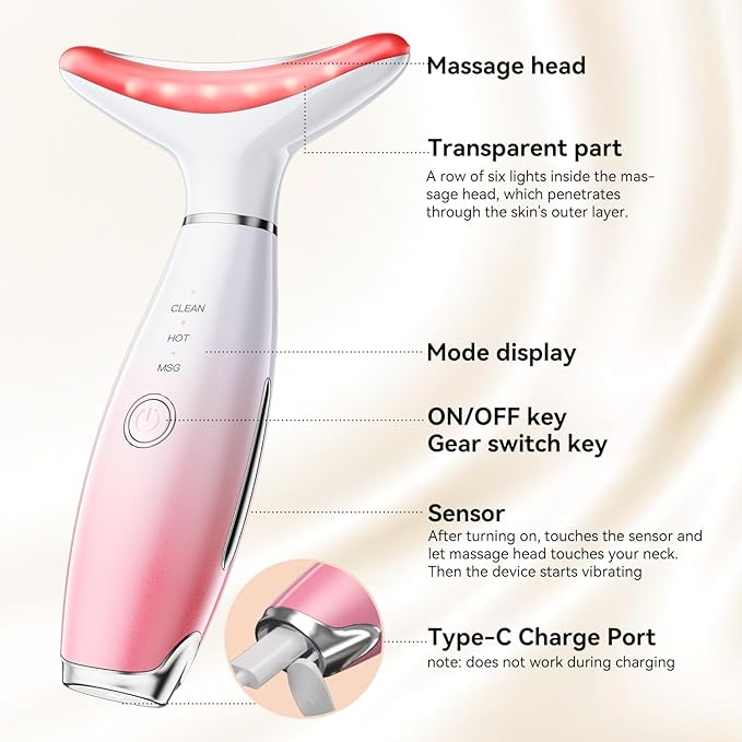 Neck Face Massager, Portable and Multifunctional Face Sculpting Tool, 3 Colour Modes Facial Massager, Face Massager Tool for Skin Care, Pink