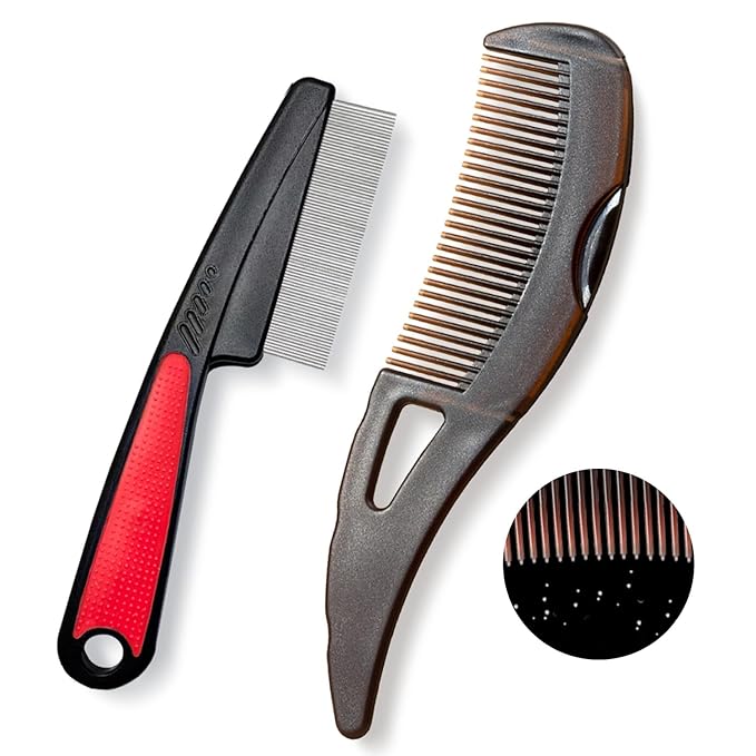 Dandruff Comb, Stainless Steel Fine Tooth Lice/Flea/Psoriasis Comb, Scalp Oil Buildup Removal Wide Hollow Tooth Button Hairbrush for Scalp Massage Care for Man Women and Kids, Set of 2 (Red)
