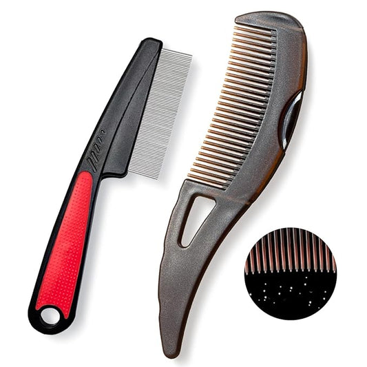 Dandruff Comb, Stainless Steel Fine Tooth Lice/Flea/Psoriasis Comb, Scalp Oil Buildup Removal Wide Hollow Tooth Button Hairbrush for Scalp Massage Care for Man Women and Kids, Set of 2 (Red)