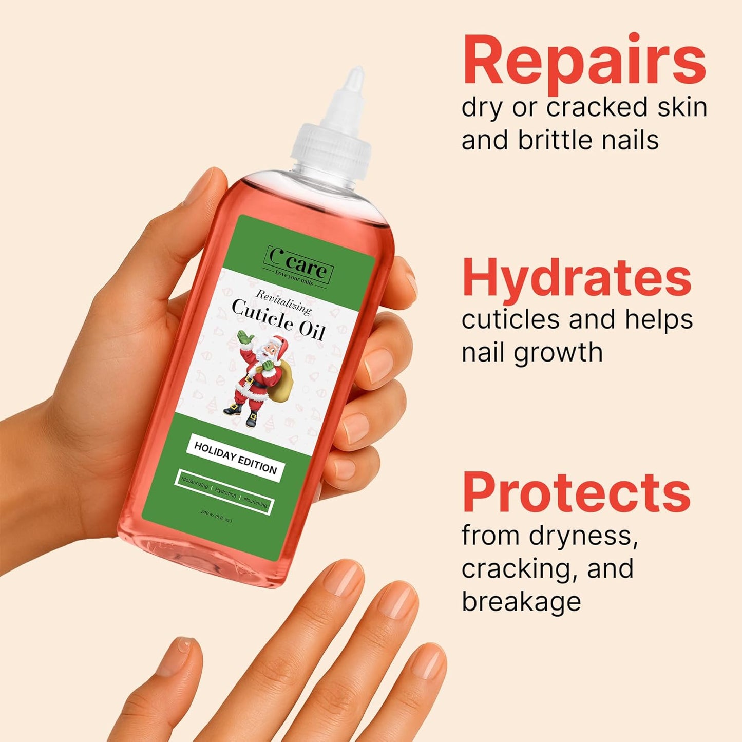 C CARE Holiday Edition Cuticle Oil For Nails - Repairs Cuticles Overnight - Moisturizes and Strengthens Nails and Cuticles - Dropper & Brush included - 8oz