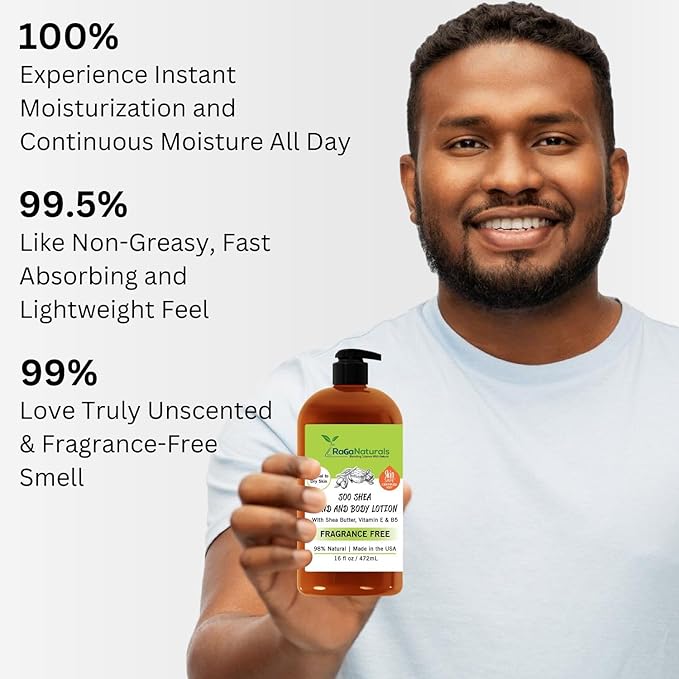 RaGaNaturals Natural Unscented Body Lotion for Dry, Sensitive Skin with Shea Butter, Avocado Oil & Vitamin E - Moisturizing, Fragrance Free Hand Lotion With Organic Essence -For Women, Men, Kids-16 Oz