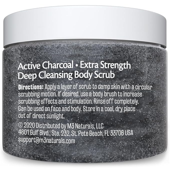 Exfoliating Charcoal Scrub with Collagen & Stem Cells – Salt Scrub for Body Toning, Cellulite, Armpit Detox, and Skin Smoothing for Face, Feet, and Body by M3 Naturals.