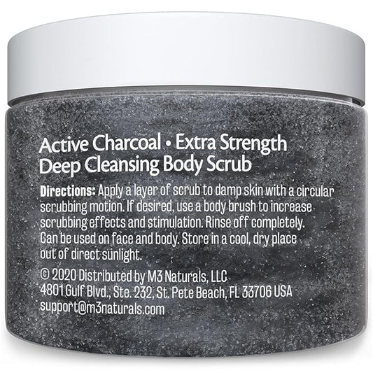 Exfoliating Charcoal Scrub with Collagen & Stem Cells – Salt Scrub for Body Toning, Cellulite, Armpit Detox, and Skin Smoothing for Face, Feet, and Body by M3 Naturals.