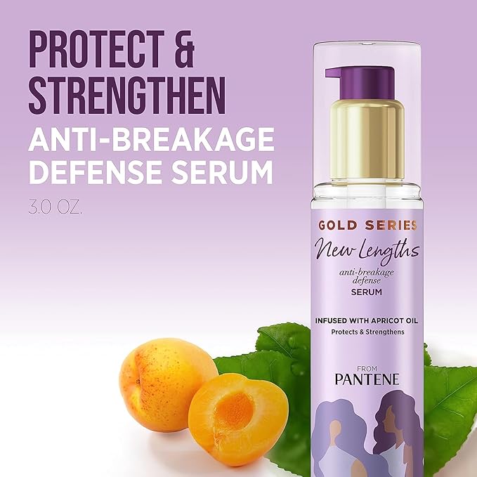 Pantene Gold Series New Lengths Anti-Breakage Defense Serum, Infused with Apricot Oil, Protects & Strengthens, for Natural, Textured, Curly, Coily Hair, Sulfate Free, 3 Fl Oz