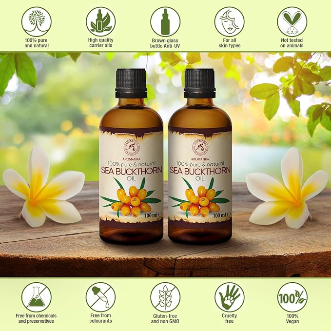 Sea Buckthorn Oil (2pack of 2 x 3.4oz) 6.8oz - Cold Pressed - Pure & Natural - Hippophae Rhamnoides - Carrier Oil for Essential Oils - Nails - Hair - Face & Body Care