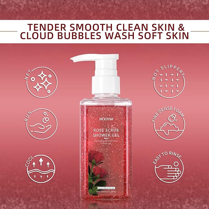 2-in-1 Body Wash & Body Scrub Rose (11.3fl.oz), Gentle Exfoliating Scrub for Deep Cleansing, Effective on Acne & Dead Skin, Brighten & Moisturize Skin Polishes