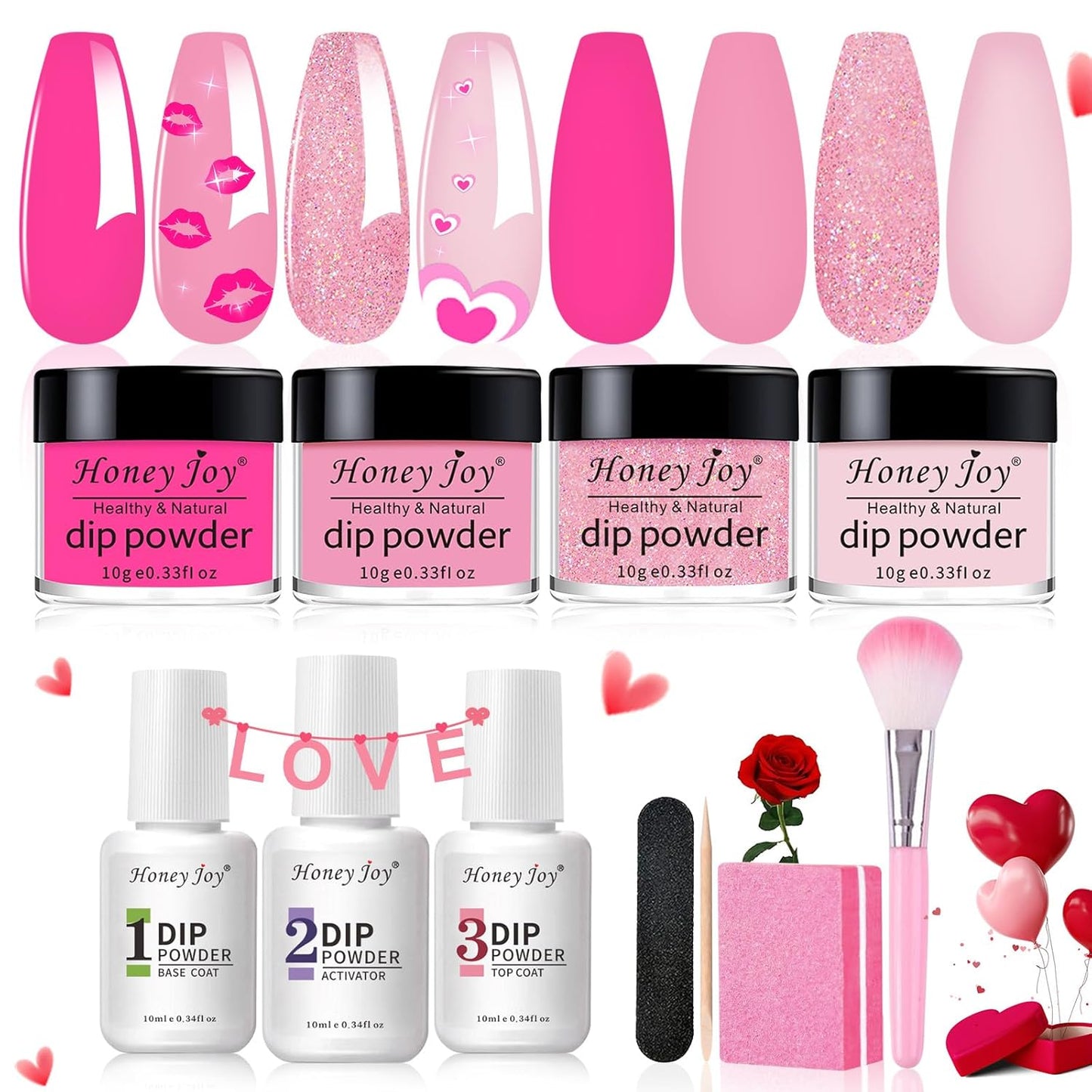 Honey Joy Dip Powder Nail Kit Starter, 4 Colors Hot Pink Glitter Fine Dipping Powder Liquid Set with Base Top Coat Activator for Nail Art Manicure Salon DIY No LED Nail Lamp Needed, Dip-7pcs-01