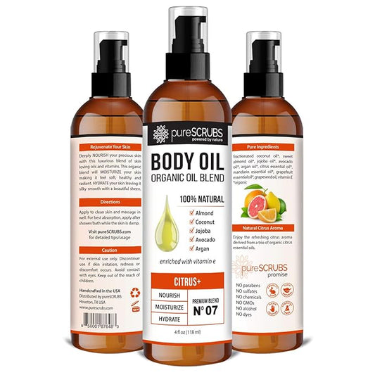 pureSCRUBS Ultra Moisturizing Citrus+ Body Oil Spray for Dry Skin, Massage, Cuticles & More Organic Super Blend of Jojoba, Argan, Coconut, Sweet Almond & Avocado Oils Enriched with Vitamin E, Lg 4oz