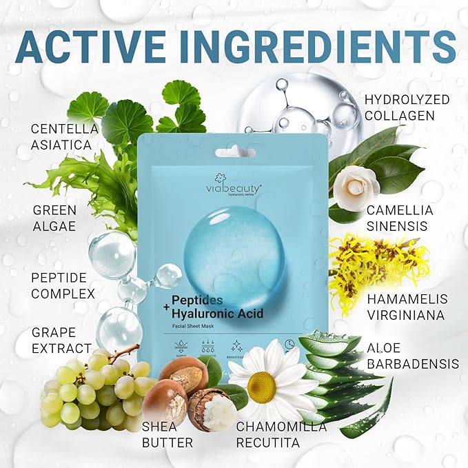 24 Pack of Hyaluronic Acid Face Mask with Peptides Complex - Deep Hydrating & Brightening Facial Sheet Mask - Moisturizing Face Masks Skincare Facial Sheets for All Skin Types