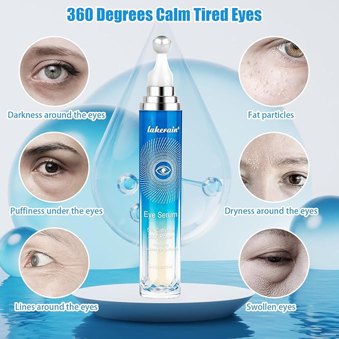 5% Caffeine Eye Serum with 360° Massage Rollerball Topper,Caffeine Cream for Dark Circles,Wrinkles,Puffiness and Fine Lines,Under Eye Roller Cream Treatment for Women and Men