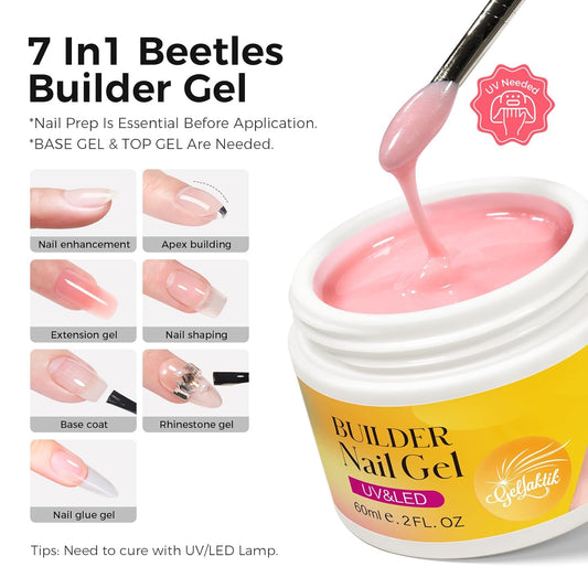 Builder Gel for Nails, 60g Glitter Pink Hard Gel for Nail Extension with 10 Nail Forms, Strengthener & Thickening, UV LED Lamp Cured Sculpture, Repair Broken Nails, Salon DIY Manicure Kit